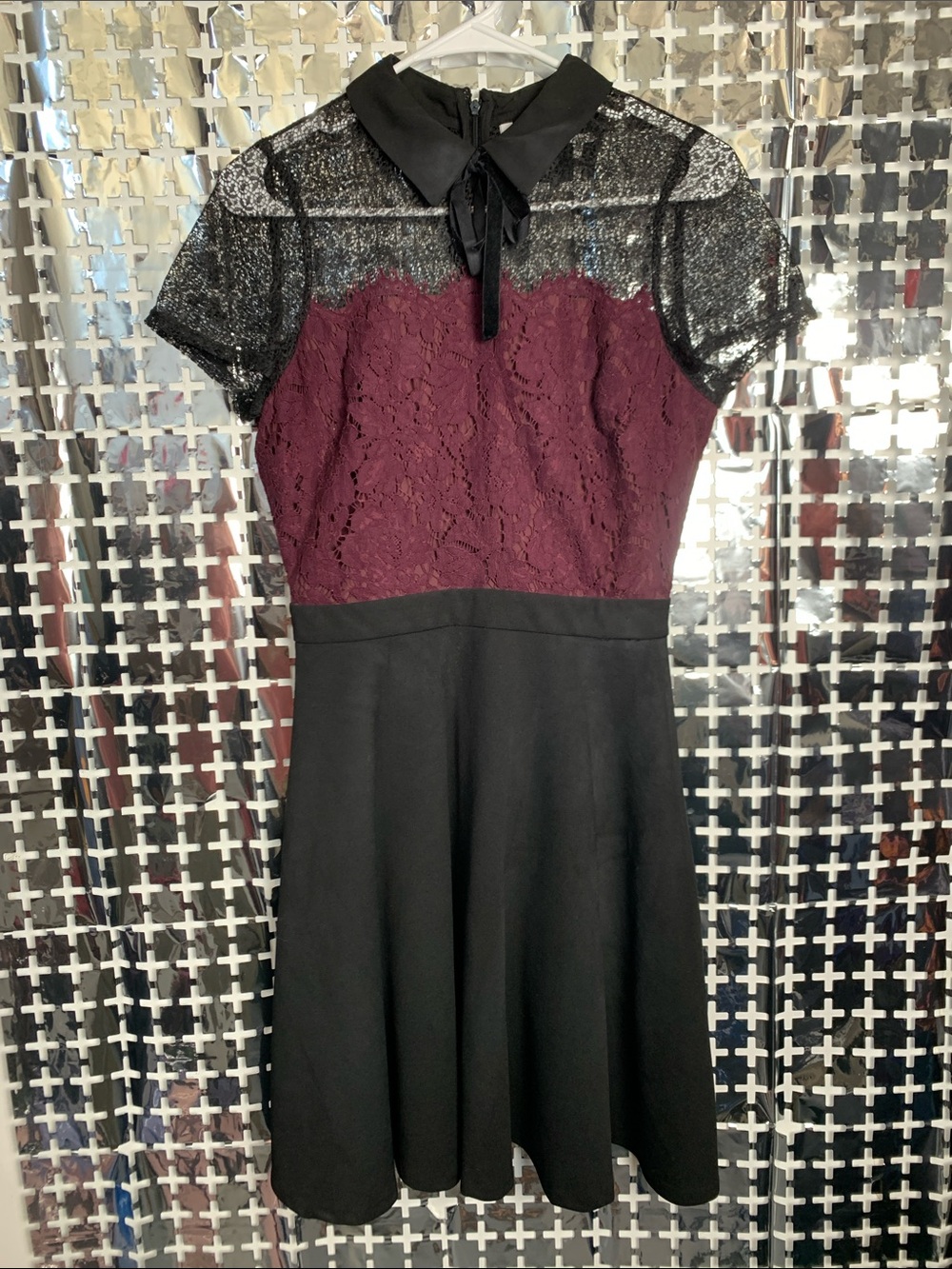 Elle Burgundy Lace & Black Dress with Sheer Yoke